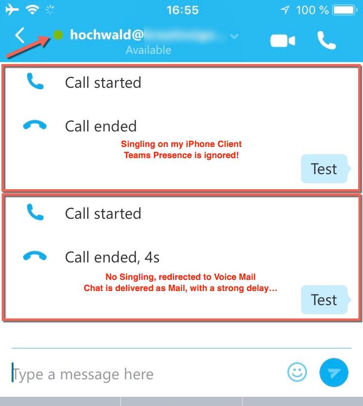 Conversation with and without a Skype for Business Client on a smartphone