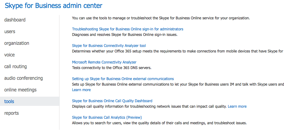 Skype for Business Online Admin Center