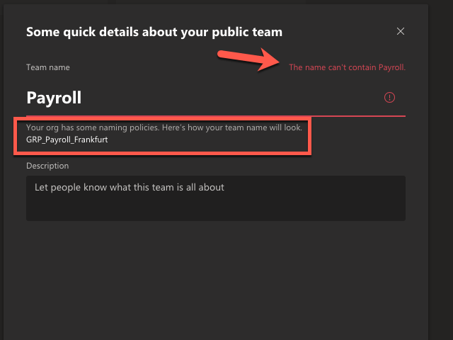 Create a Microsoft Teams Team with an invalid name