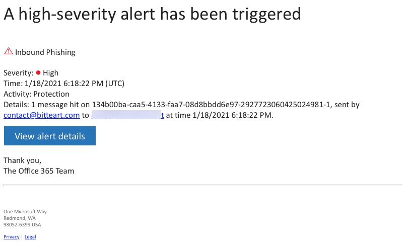 Protection Alert sample: Inbound Phishing